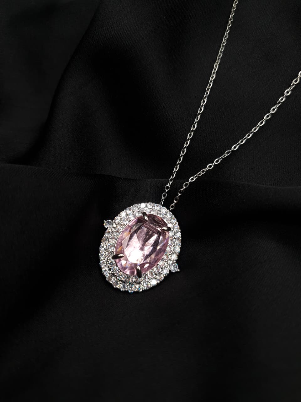 Pink Oval Zirconia Halo Necklace