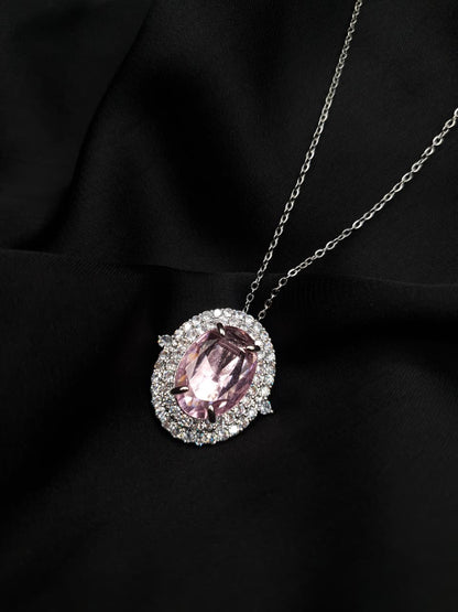 Pink Oval Zirconia Halo Necklace