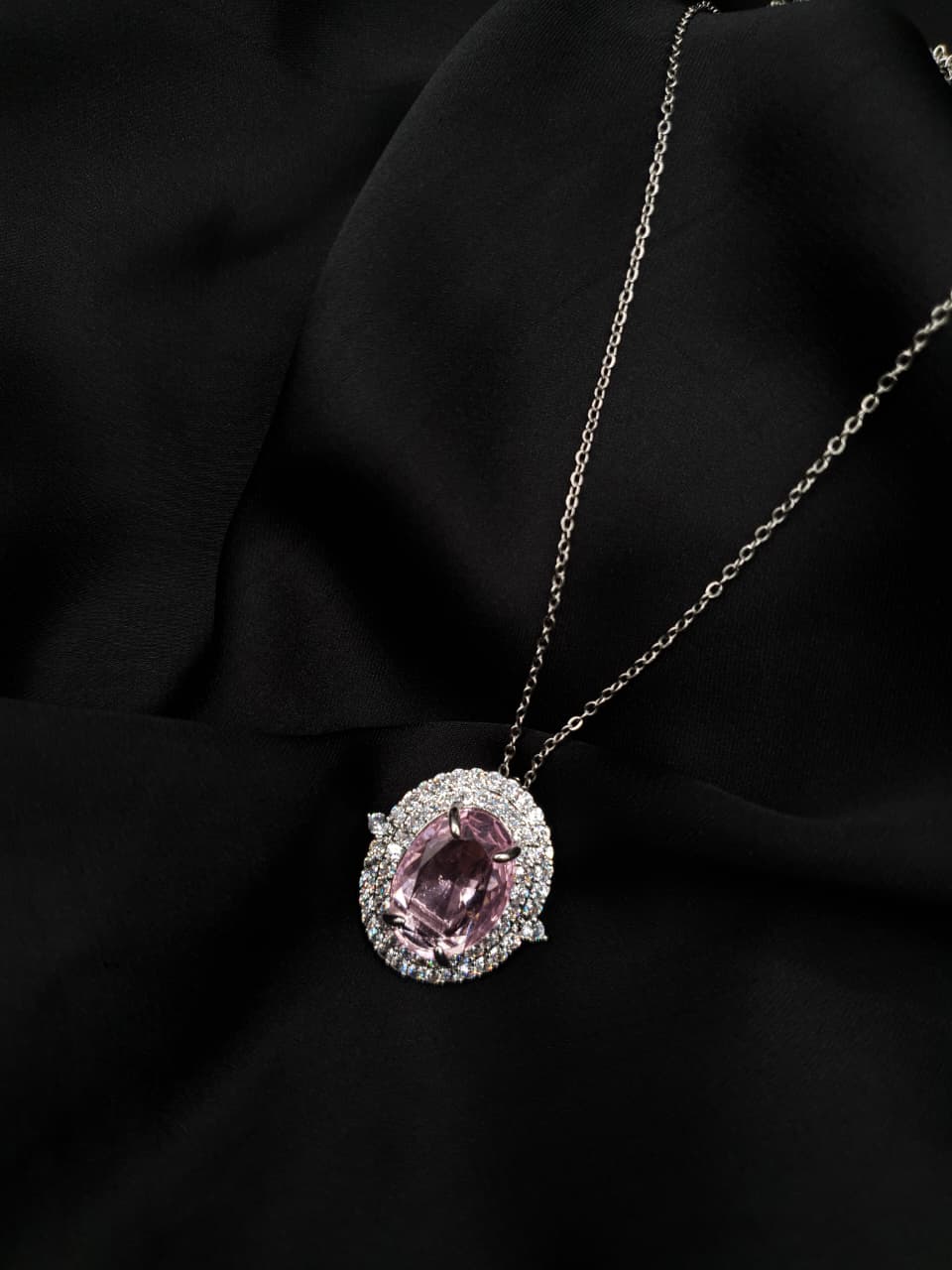 Pink Oval Zirconia Halo Necklace