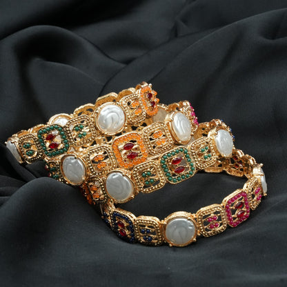 Gold Plated Pearl & Multicolor Bangles