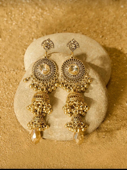 Royal Champagne Jhumka Earrings – Antique Gold Finish