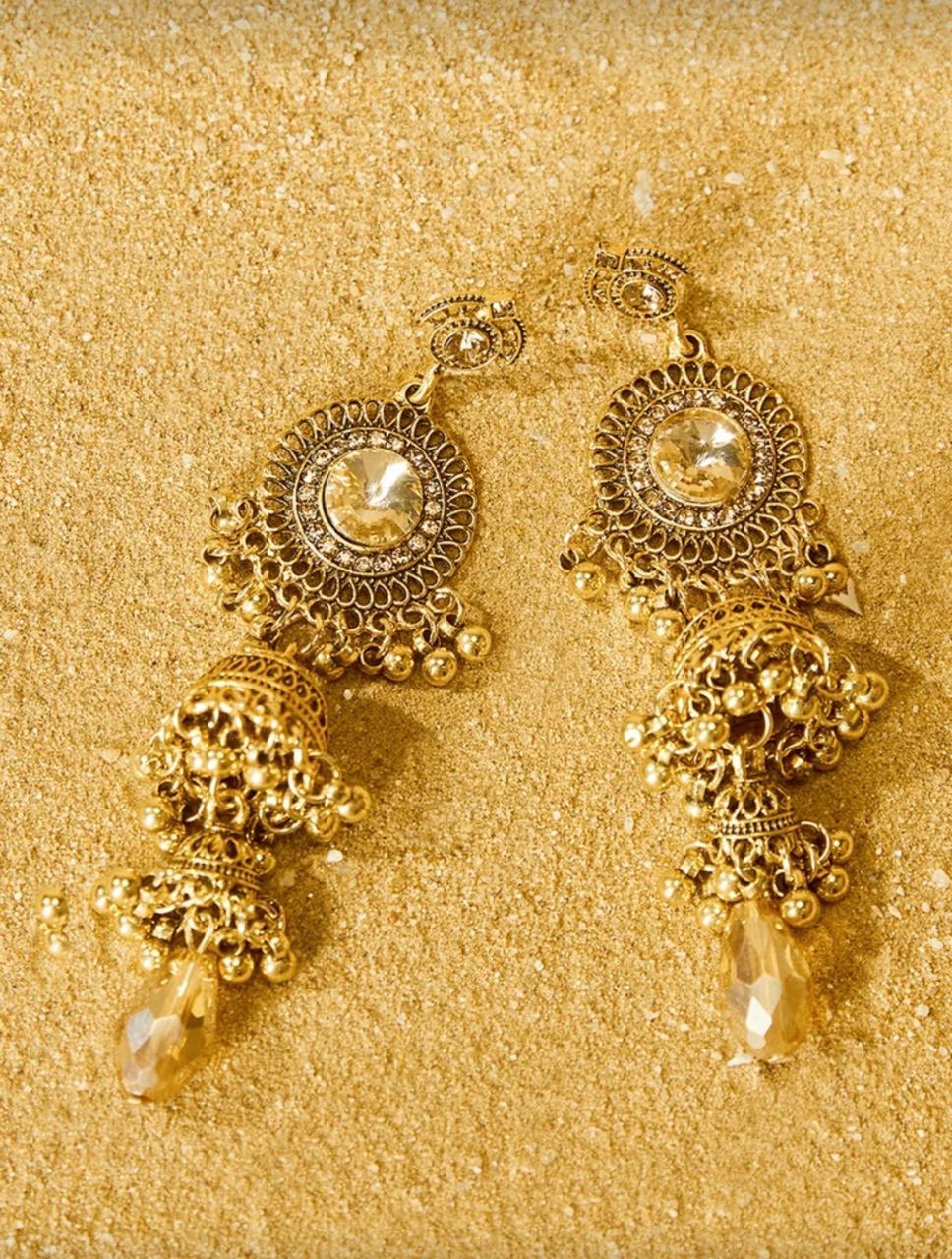 Royal Champagne Jhumka Earrings – Antique Gold Finish