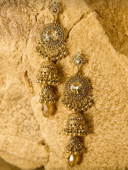 Royal Champagne Jhumka Earrings – Antique Gold Finish