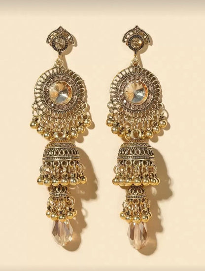Royal Champagne Jhumka Earrings – Antique Gold Finish