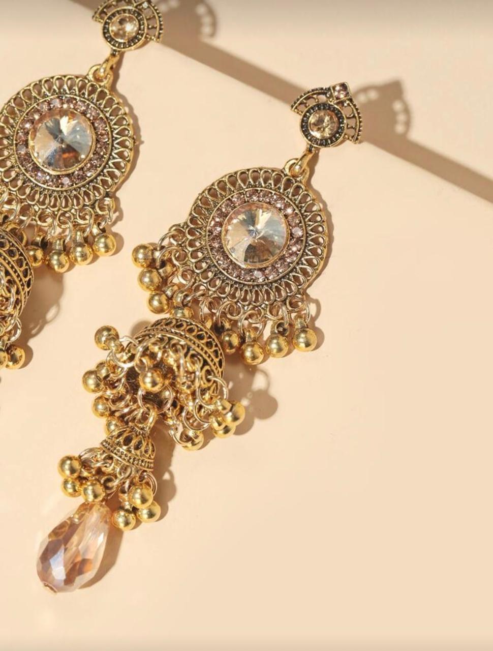 Royal Champagne Jhumka Earrings – Antique Gold Finish