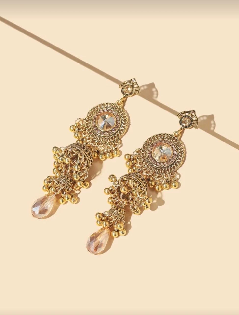 Royal Champagne Jhumka Earrings – Antique Gold Finish
