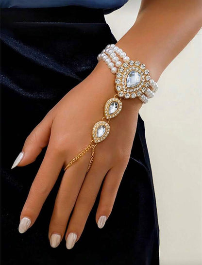 Pearl & Crystal Hand Harness Bracelet – Antique Gold