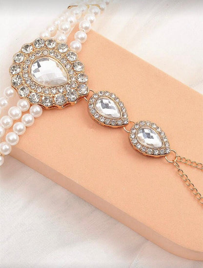 Pearl & Crystal Hand Harness Bracelet – Antique Gold