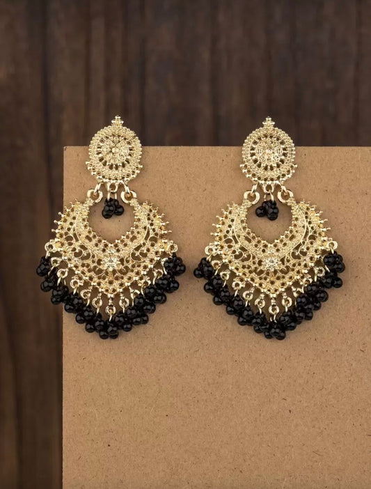 Antique Gold Filigree Chandbali Earrings with Black Beads