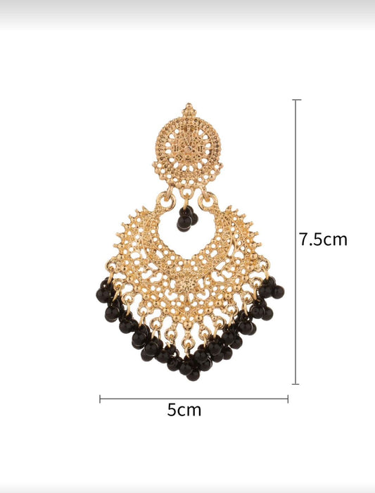 Antique Gold Filigree Chandbali Earrings with Black Beads