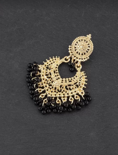 Antique Gold Filigree Chandbali Earrings with Black Beads