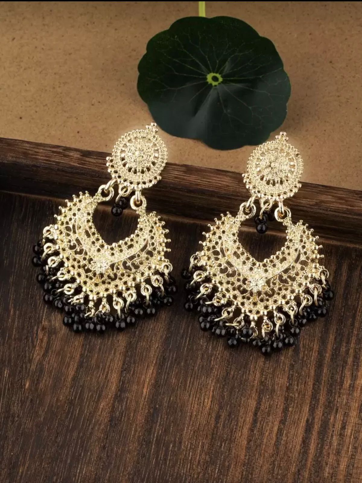 Antique Gold Filigree Chandbali Earrings with Black Beads