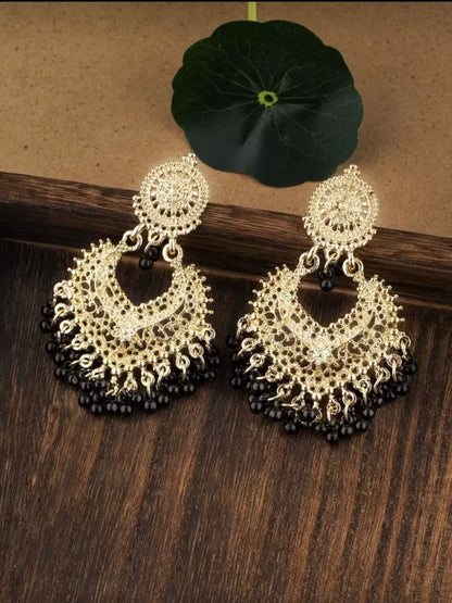 Antique Gold Filigree Chandbali Earrings with Black Beads