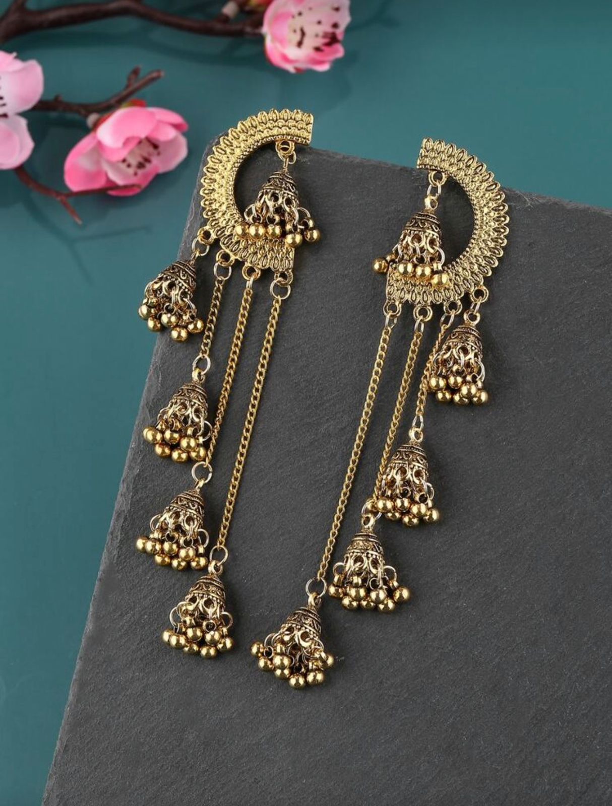 Royal Antique Gold Crescent Jhumka Statement Earrings