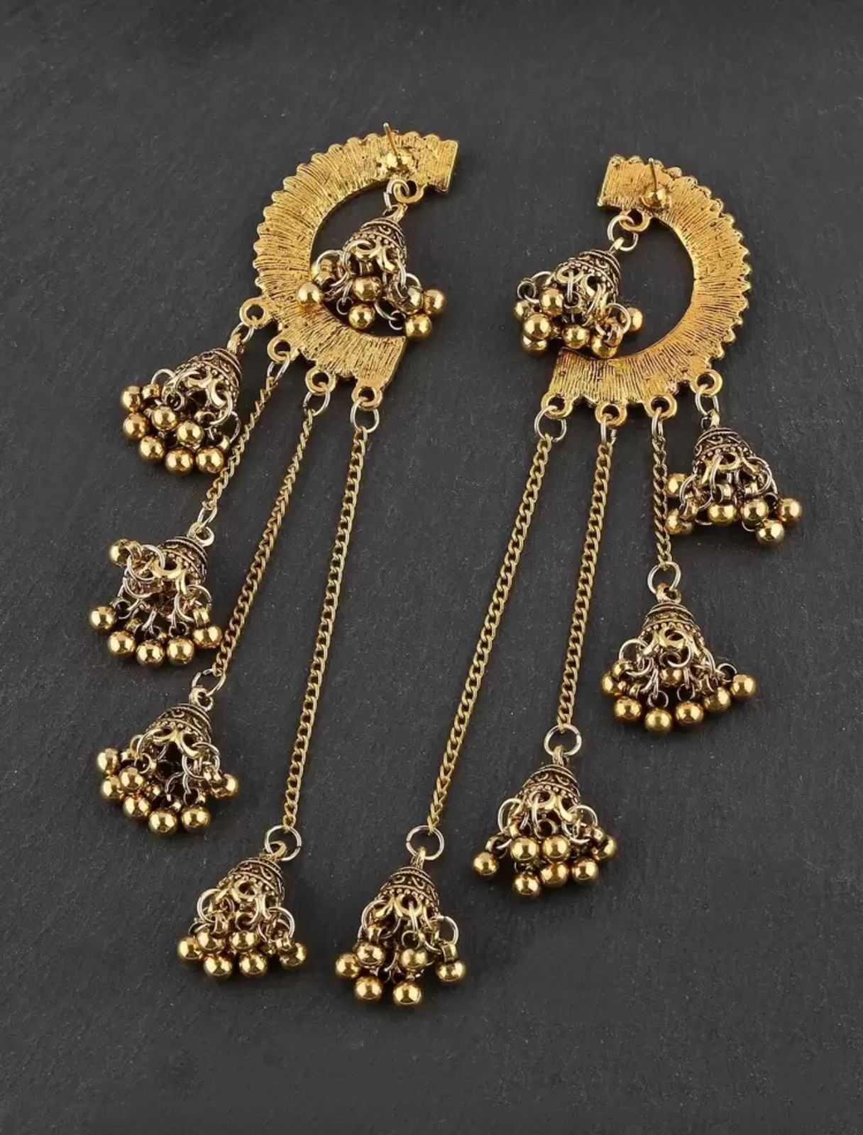 Royal Antique Gold Crescent Jhumka Statement Earrings