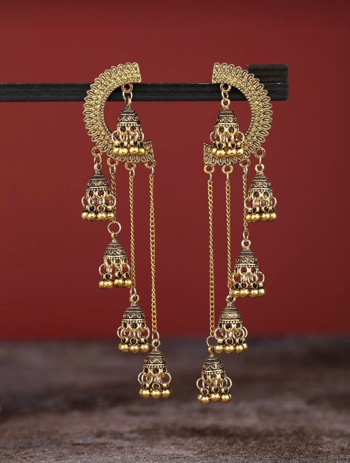 Royal Antique Gold Crescent Jhumka Statement Earrings