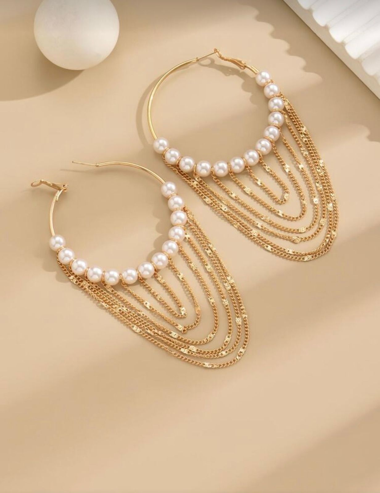 Pearl & Gold Layered Chain Hoop Earrings