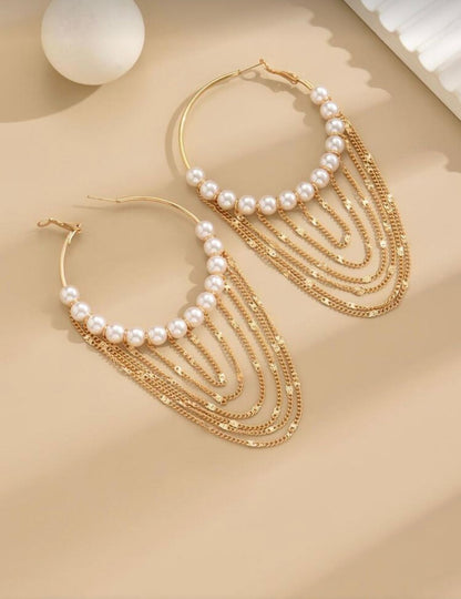 Pearl & Gold Layered Chain Hoop Earrings