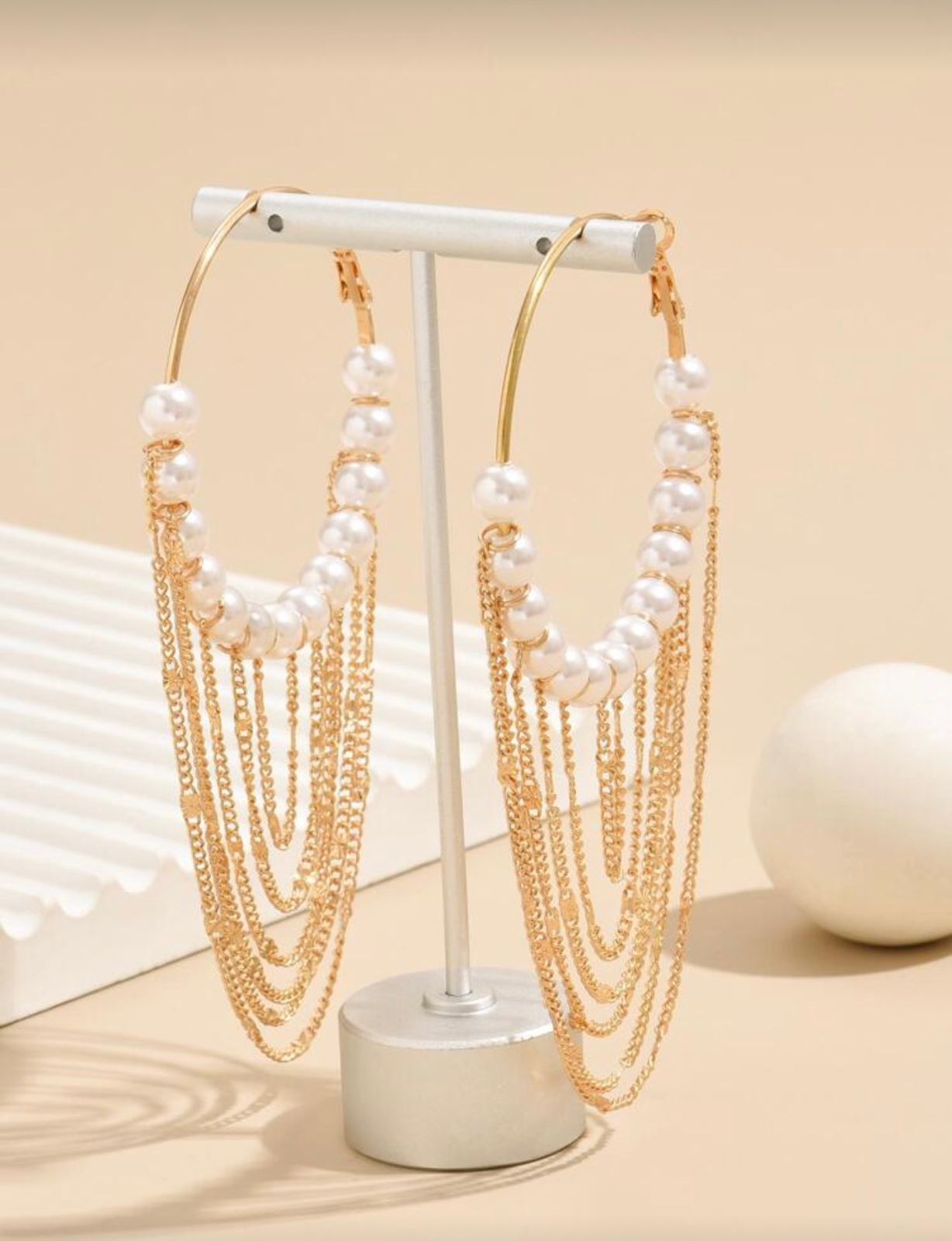 Pearl & Gold Layered Chain Hoop Earrings