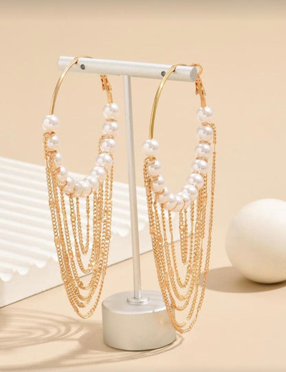 Pearl & Gold Layered Chain Hoop Earrings
