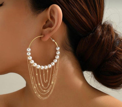 Pearl & Gold Layered Chain Hoop Earrings