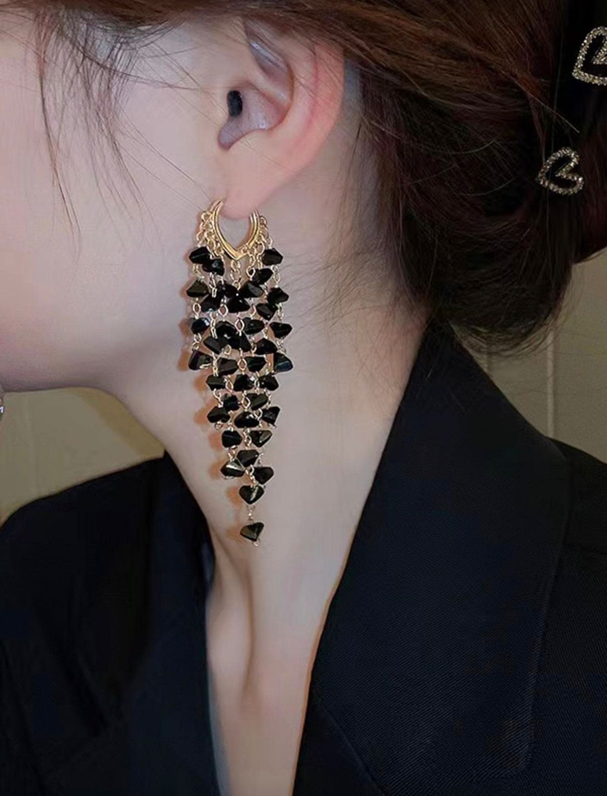 Black Crystal Tassel Earrings