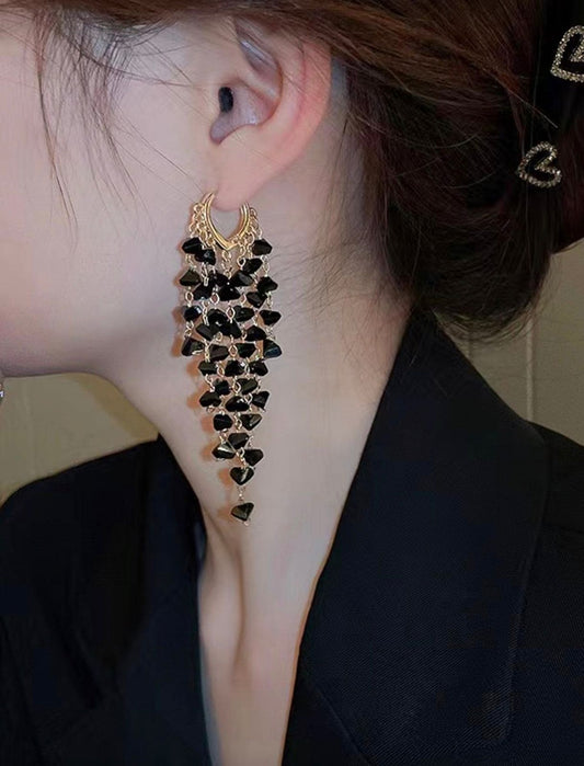 Black Crystal Tassel Earrings