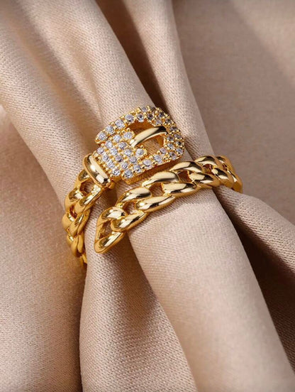Gold Lock Chain Adjustable Ring