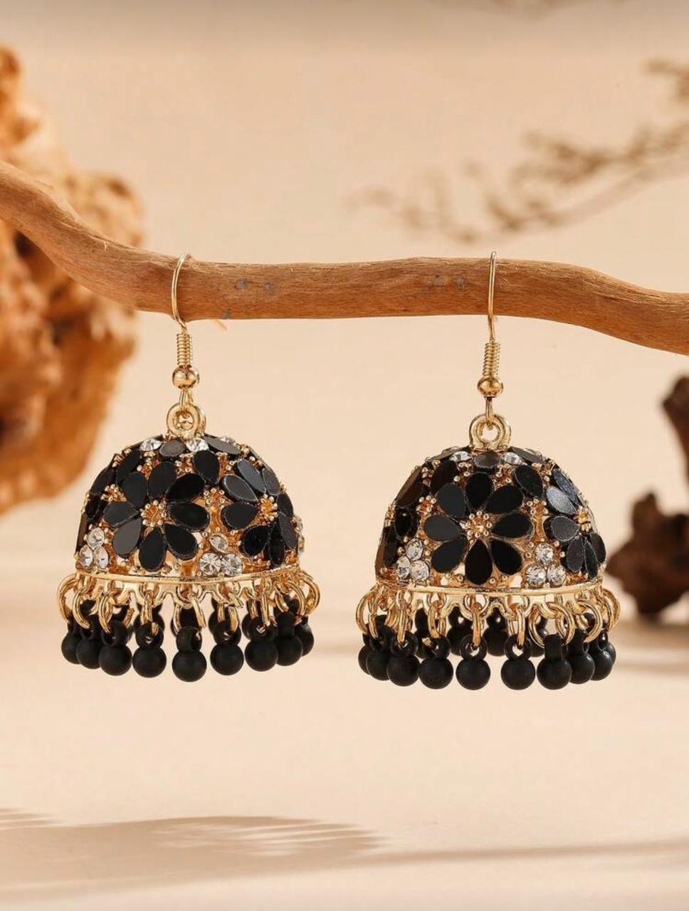 Black Floral Jhumka Earrings