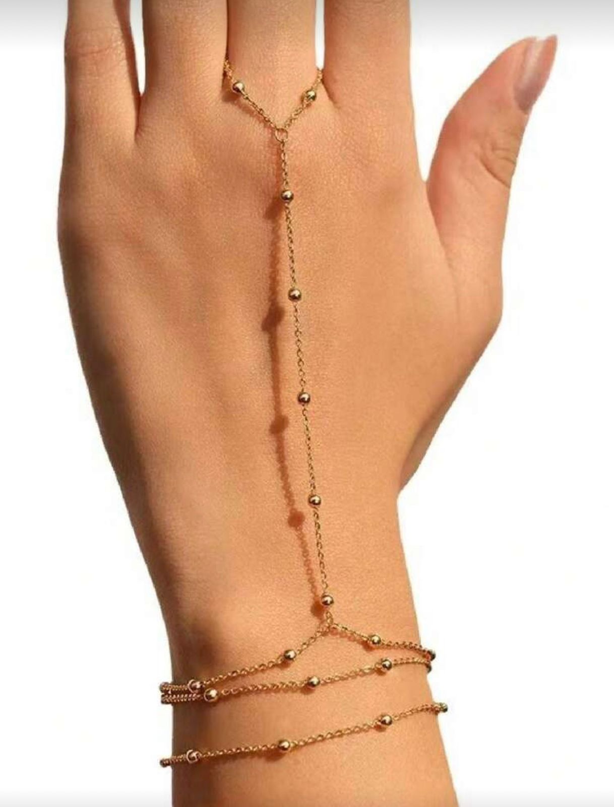 Gold Beaded Hand Chain Bracelet