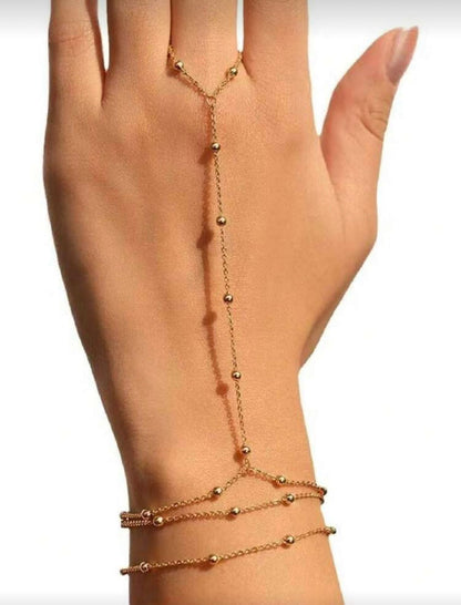 Gold Beaded Hand Chain Bracelet