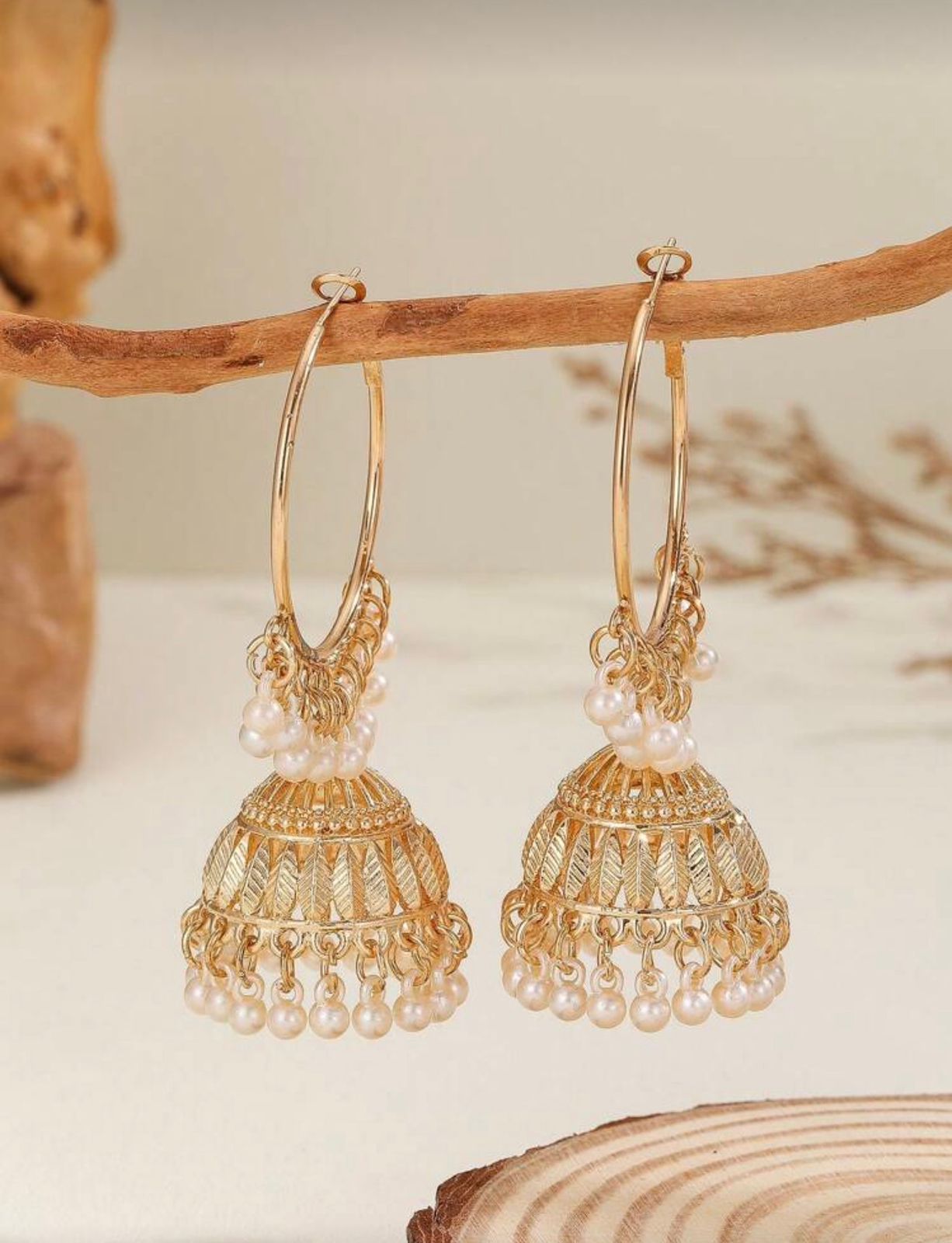 Gold Pearl Jhumka Hoop Earrings