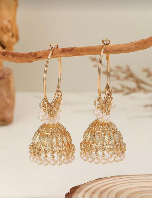 Gold Pearl Jhumka Hoop Earrings