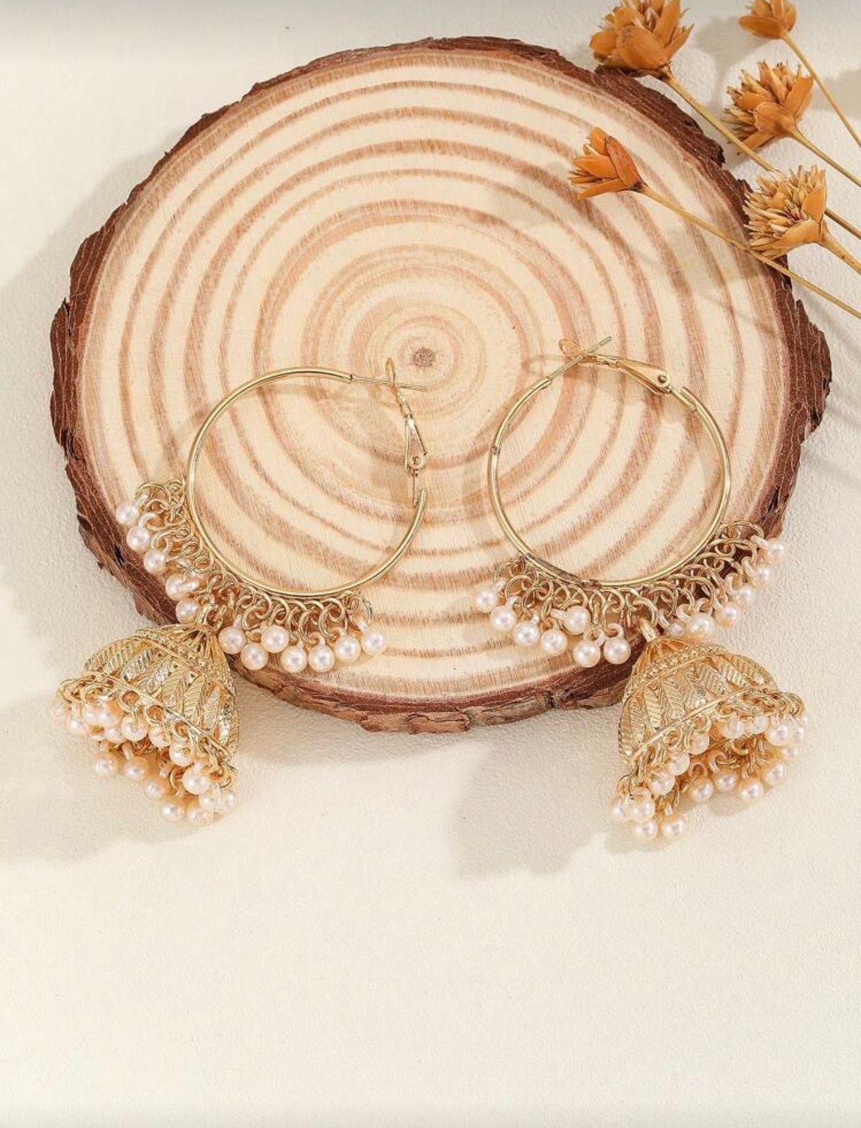 Gold Pearl Jhumka Hoop Earrings