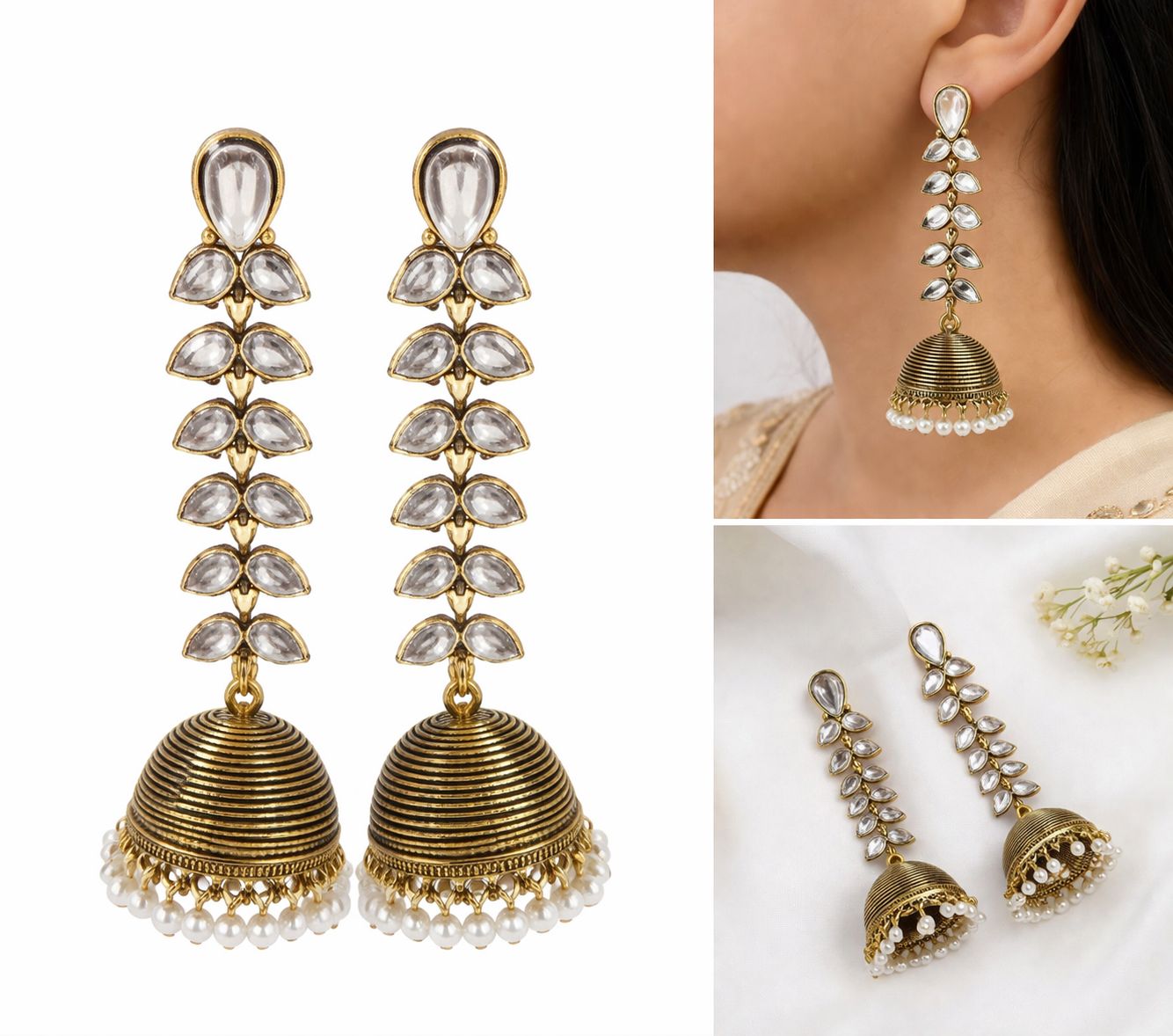 Kundan Pearl Drop Jhumka Earrings