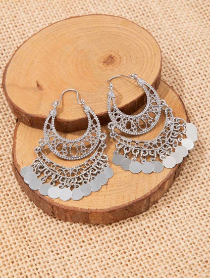 Silver Disc Charm Hollow-Out Drop Earrings