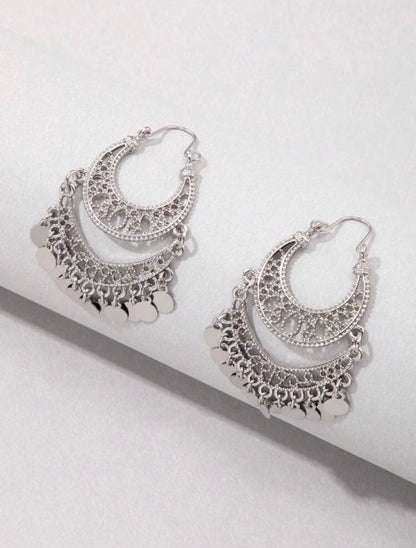 Silver Disc Charm Hollow-Out Drop Earrings