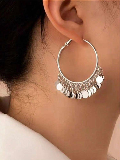 Geometric Disc Charm Large Hoop Earrings