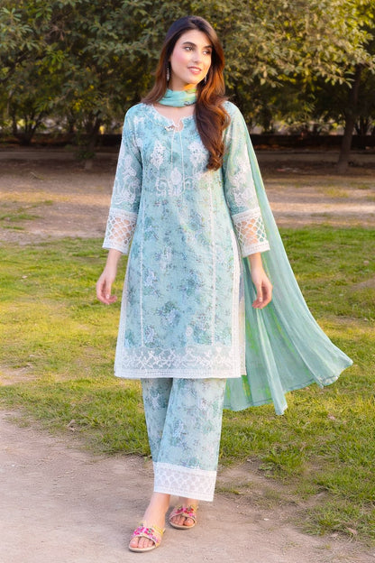 Mint Green Embroidered Lawn 3-Piece Suit with Chiffon Dupatta