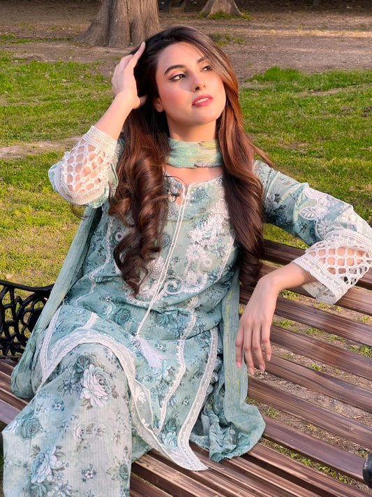 Mint Green Embroidered Lawn 3-Piece Suit with Chiffon Dupatta