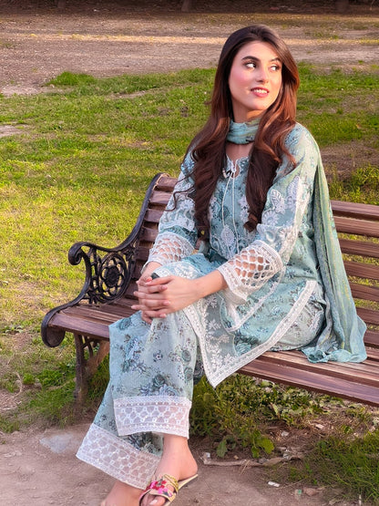 Mint Green Embroidered Lawn 3-Piece Suit with Chiffon Dupatta