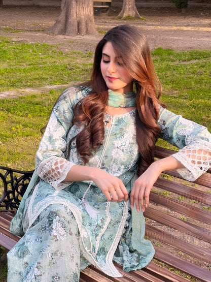 Mint Green Embroidered Lawn 3-Piece Suit with Chiffon Dupatta