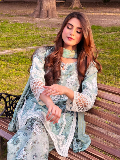 Mint Green Embroidered Lawn 3-Piece Suit with Chiffon Dupatta