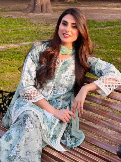 Mint Green Embroidered Lawn 3-Piece Suit with Chiffon Dupatta