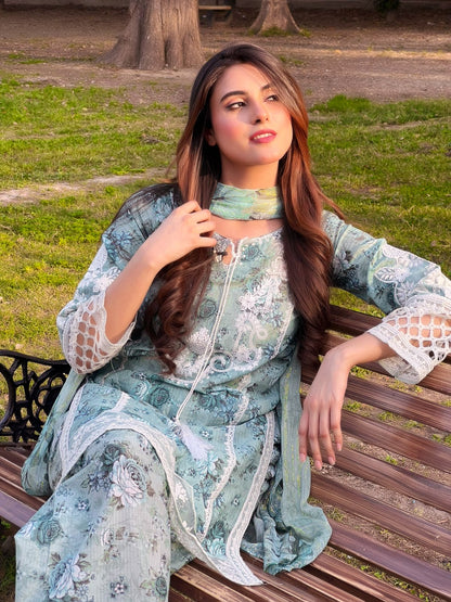 Mint Green Embroidered Lawn 3-Piece Suit with Chiffon Dupatta