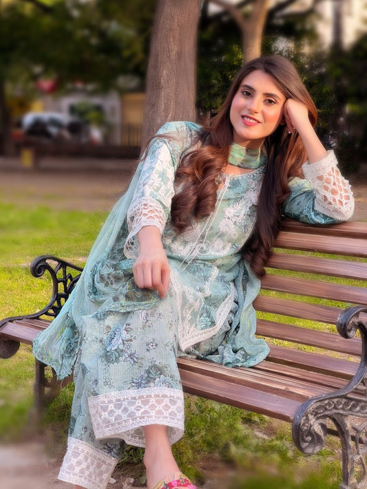 Mint Green Embroidered Lawn 3-Piece Suit with Chiffon Dupatta