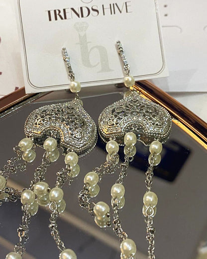 Silver Pearl Tassel Statement Earrings