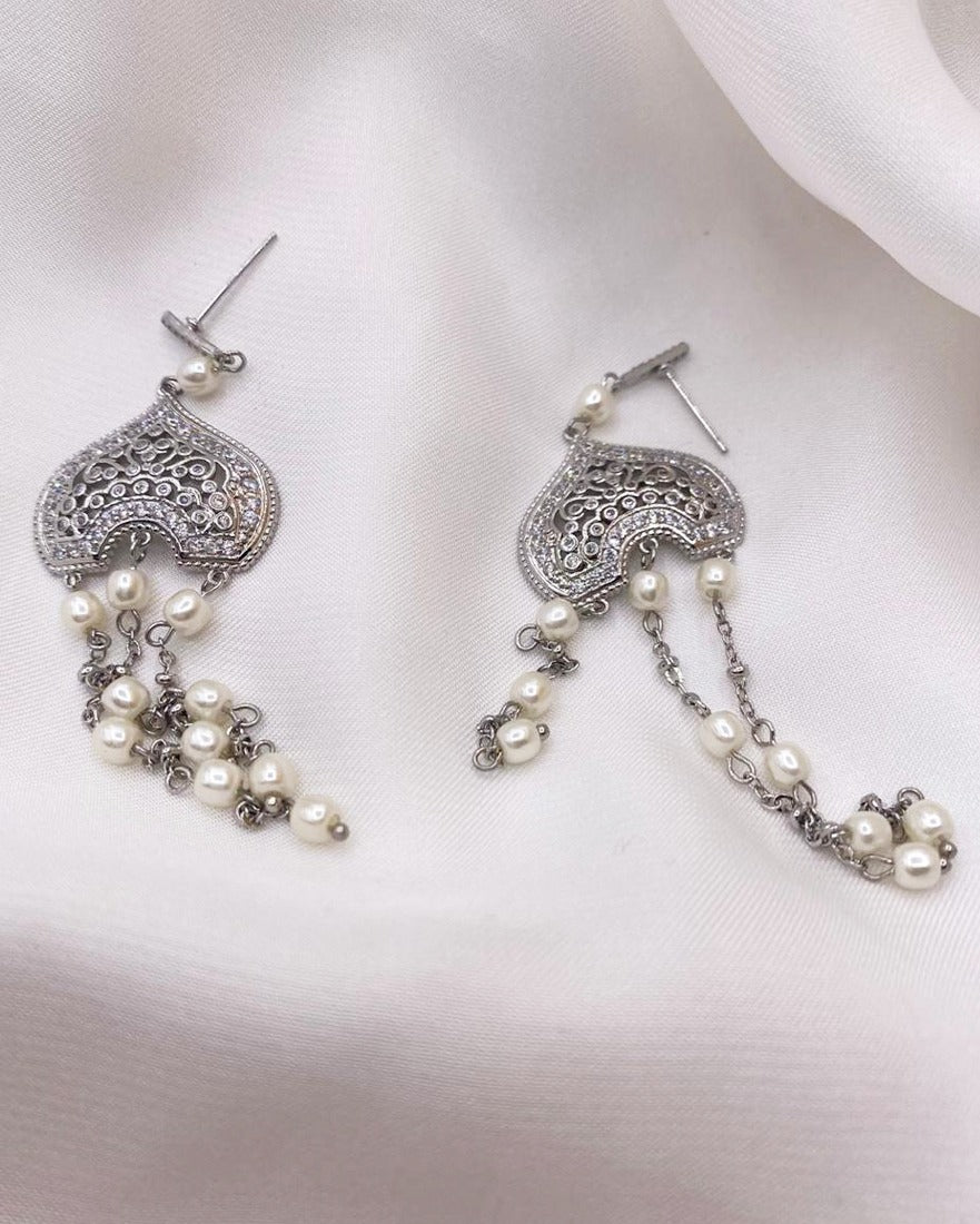 Silver Pearl Tassel Statement Earrings