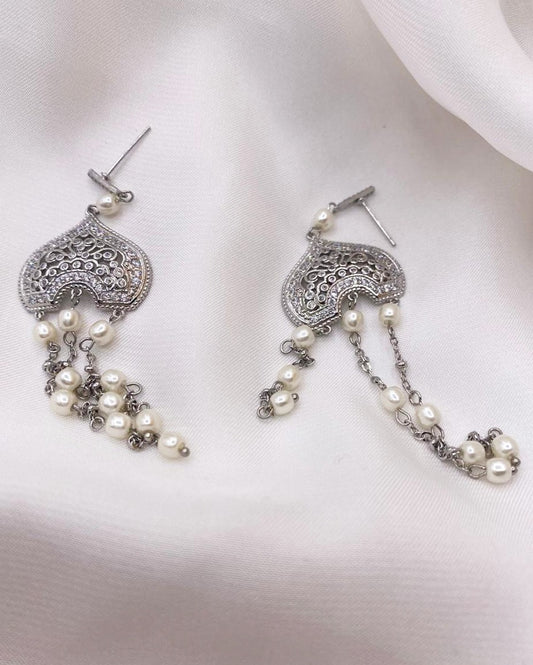 Silver Pearl Tassel Statement Earrings