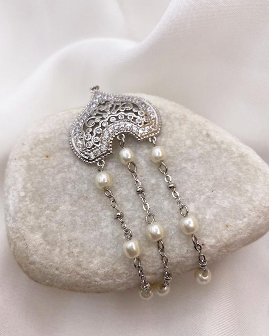 Silver Pearl Tassel Statement Earrings